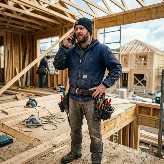 Handwerker telefoniert auf der Baustelle