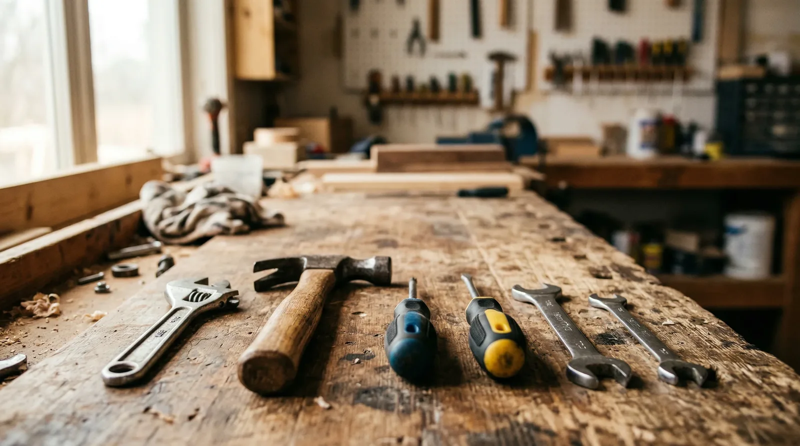 Handwerkzeuge auf einer Holzwerkbank im warmen Werkstattlicht