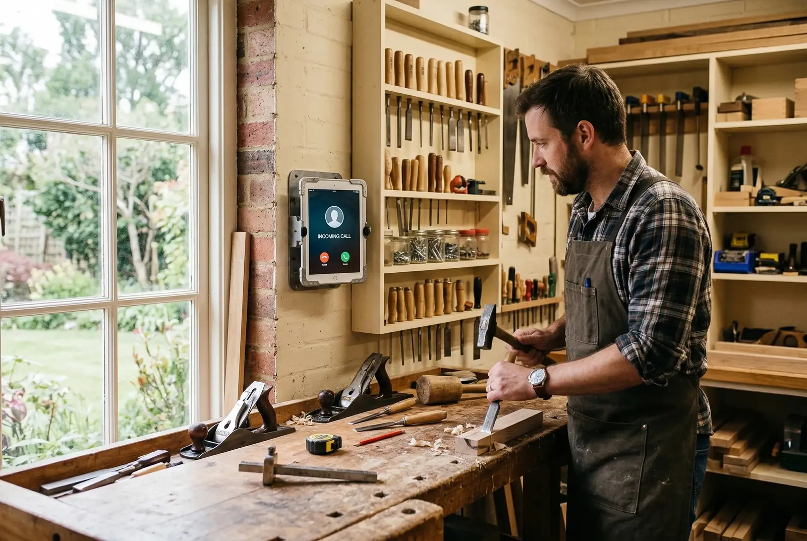 Voice Bot im Handwerksbetrieb: Tablet mit eingehendem Anruf in der Werkstatt